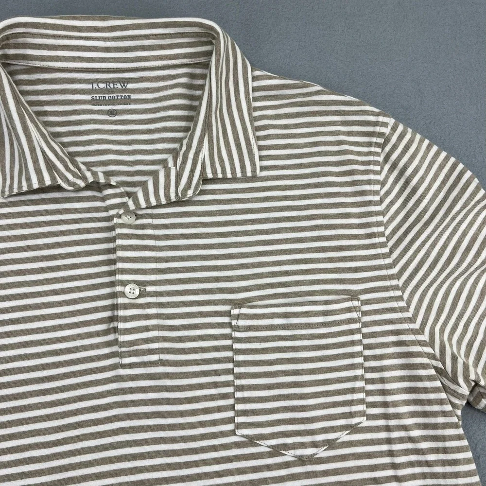 J.Crew Mens XL Slub Cotton Striped Polo Shirt Tan White‎ Short Sleeve Pocket